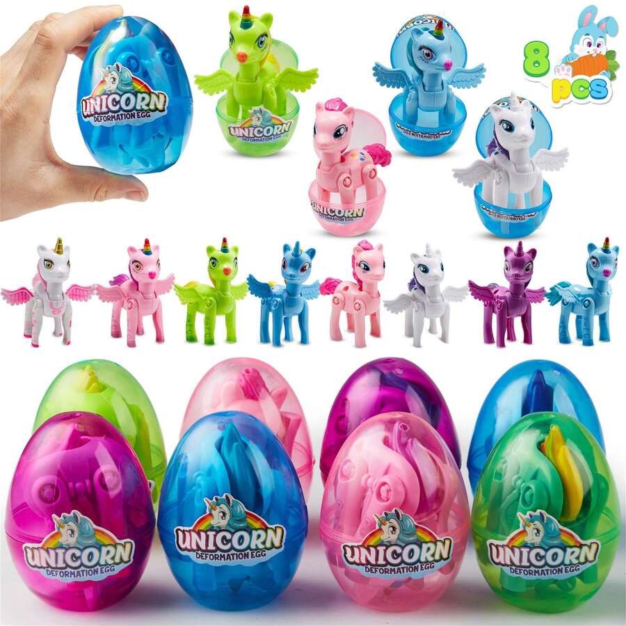 Joyfy 8 Pack Pre Filled 3.5" Easter Egg With Unicorn Deformation Toys, Easter Party Favor For Easter Egg Hunt, Basket Stuffers Filler, Prize Supplies - 彩色 - 查看 1