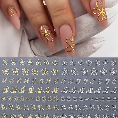 2pcs 3D Hollow Metal Flower Petal Nail Stickers, Gold & Silver Daisy, Cherry Blossom, Hibiscus Flower Spring/Summer Floral Design, DIY Holographic Y2K Self-Adhesive Gel Nail Polish Salon Slider Nail Art Decorations Nail Supplies Nails