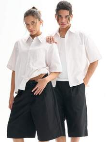 Camisa de botones holgada y cuadrada con rayas para hombres - Blanco - Ver 7