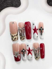 Bộ 10 móng tay gel phong cách Y2K Millennium, móng giả acrylic, hình thánh giá đính đá, ngôi sao năm cánh bạc sáng bóng, kẹp giấy, hình đầu lâu cổ điển tối màu, ngôi sao năm cánh đỏ vẽ tay chấm đen, giọt nước màu trơn, họa tiết da báo, dụng cụ làm móng, móng giả thủ công. - Nhiều màu - Xem 11
