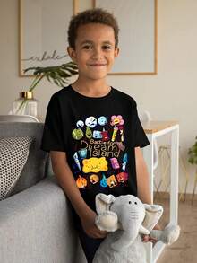 1 camiseta de manga corta con cuello redondo para niños, con estampado de equipo de BFDI - Battle Dream Island, para eventos de videojuegos, regalos de cumpleaños y salidas informales - Algodón suave de calidad para niños, estilo inspirado en diseñadores. - Negro - Ver 3