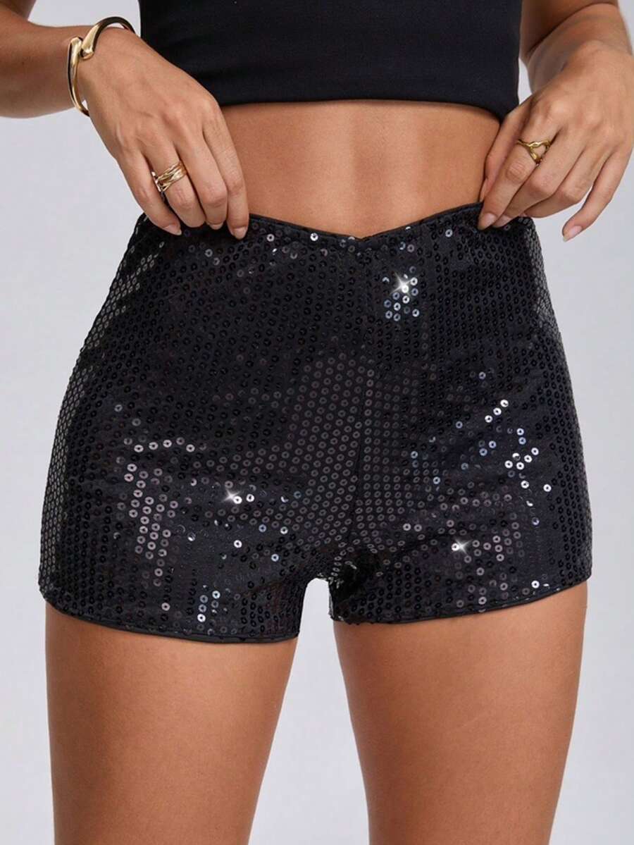 Quần short siêu ngắn lấp lánh màu đen kiểu Y2K, phù hợp cho các bữa tiệc rave và lễ hội âm nhạc, quần thời trang nữ, trang phục Giáng sinh phong cách Y2K cho nữ, mùa hè - màu đen - Xem 1