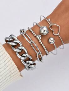 1-6pcs Fashionable Minimalist Elegant Exaggerated Vintage Coin Chain Heart Beaded Bracelet Set, Suitable For Dates, Parties, Balls, Festivals, Valentine's Day, Birthdays, Daily Wear - Silver - View 7