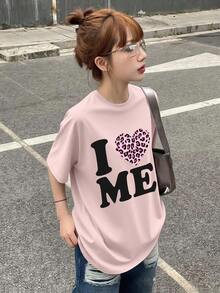 Kaos Lengan Pendek Warna Pink Muda, Motif Hati, Atasan Kasual Longgar Serbaguna, Koleksi Musim Panas Terbaru - Baby Pink - View 2
