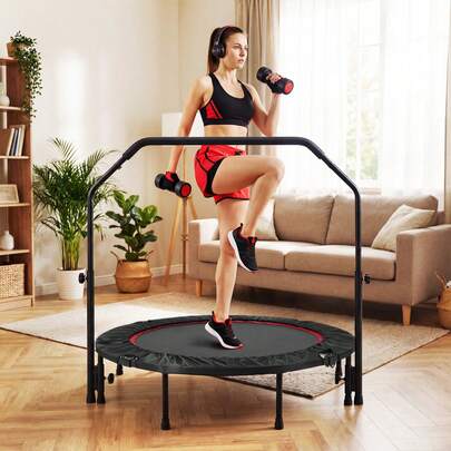 Mini Trampoline Fitness Exercise Rebounder Folding Handrail Home Gym Cardio 40" Black
