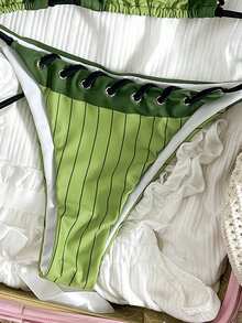 New Arrival Spring/Summer Sexy Lace Spaghetti Strap Fixed Striped Print Bikini Swimwear For Women, Beach & Pool Party - Green - View 6