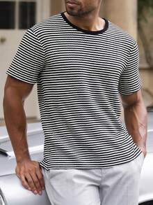 1 chiếc áo thun nam tay ngắn kẻ sọc phối màu jacquard, kiểu dáng ôm sát cổ tròn, mẫu mới mùa hè. - màu đen - Xem 6