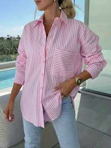 加大码女式长袖条纹衬衫，休闲宽松版型，适合春夏通勤和日常穿着，粉色 - 粉色 - 查看 4
