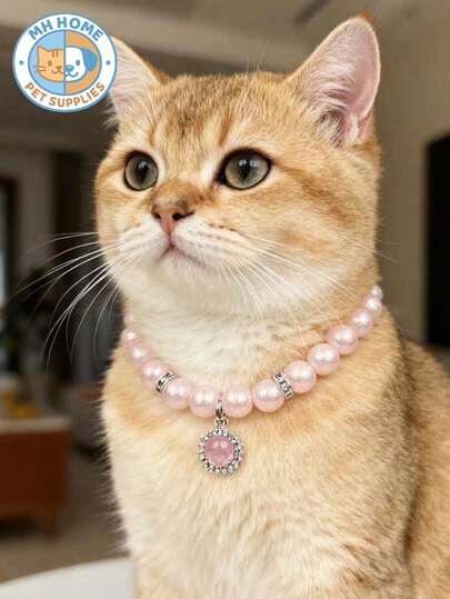 1 Piece Pink/Blue Noble And Elegant Cat Necklace, Exquisite High Elasticity Dog Necklace, Shiny Pearl Collar, Comfortable Pendant, Fashion Small Dog Collar, Pet Photo Decoration Cat And Dog Jewelry, Pet Clothing Decoration Dogs Kitten Collar Pet Collar Kitty Collar Cartoon Cat Collar Pet Gifts Photo Shoot Prop Cute Pet Necklace Dog Necklace Puppy Necklace Doggy Necklace