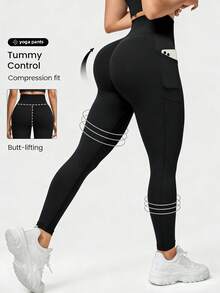 New Plus Size Women Sports Leggings, Soft High Waist High Elasticity Workout Running Tight Pants, Casual Daily Outdoor Cycling Trousers, Solid Color With Pockets Yoga Pants - Black - View 2