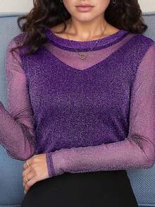 New Elegant Shiny Long Sleeve Loose Fit T-Shirt For Women, Versatile & Age-Reducing - Purple - View 10