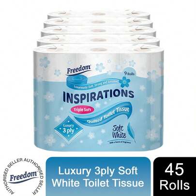 Freedom Inspirations Toilet Roll White 45, 90 Or 135 Rolls - 3 Ply Quilted Toilet Rolls, Soft Strong Absorbent Toilet Tissue, Bathroom Toilet Roll For Family Use, Long LastingToilet Paper Supply