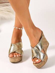 Sandalias de plataforma de corcho suave con tiras para mujer - Diseño de punta abierta, sandalias de cuña de color caqui con suela gruesa, esenciales casuales de playa, sandalias trenzadas - Champán - Ver 4