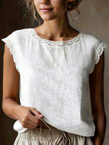 Áo thun ngắn tay kiểu vintage chất liệu giả vải lanh dành cho nữ, cổ tròn, dáng rộng, phối ren, chất liệu pha lanh thoáng khí, màu trắng thường ngày cho mùa hè. - trắng - Xem 3