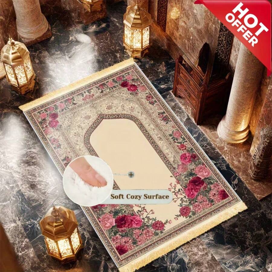 1pc Luxury Thickened Prayer Mat/Rug, Made Of Soft & Comfortable Fabric, Raspberry Red & Pink Floral Pattern, Rubber Bottom, Anti-Slip & Foldable, Tassel Decor, Machine Washable, Soft Rectangular Design