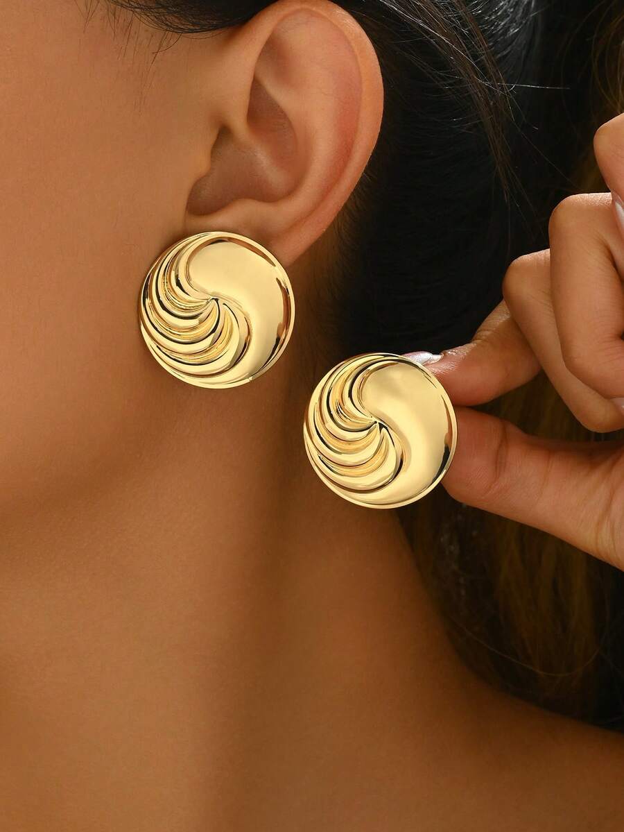 1 Pair Fashionable Minimalist Geometric Round Stud Earrings, Versatile For Daily Wear - Gold - View 1