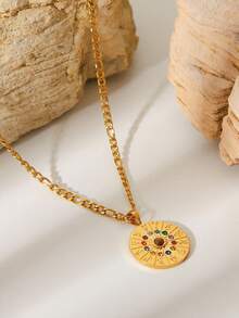 1pc Zodiac Symbol Pendant Necklace With Rhinestones, Stainless Steel Sweater Chain Design For Women