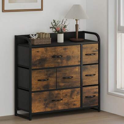 Chest Of Drawers, 7-Drawer Storage Organizer Unit For Bedroom Living Room Closet, Sturdy Steel Frame, Easy Pull Fabric Bins & Wooden Top, Fabric Dresser