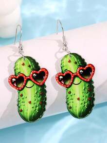 一对独特趣味创意卡通爱心泡菜亚克力吊坠耳环，时尚休闲，节日派对饰品，女士款 - 彩色 - 查看 2