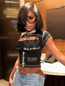 Women's New City Style Hottie Fashion Versatile Top: Crew Neck Letter Print Sexy Hollow-Out Short-Sleeve T-Shirt - 黑色 - 查看 2