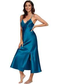 Women Silky Satin Nightgown Sexy Lace Chemise Lingerie Long Sleepdress For Ladies Sleepwear Slip Negligee 3073 - Blackish Green - View 4