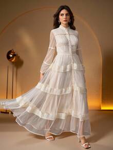 Elegant Multi-Layer Lace Patchwork Open Front Long Sleeve Dress For Women - Apricot - View 4