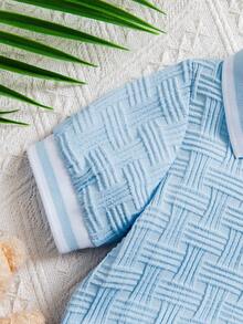 男士夏季新款提花面料 Polo 领刺绣小熊上衣和休闲短裤两件套 - 淺色水洗藍 - 查看 5