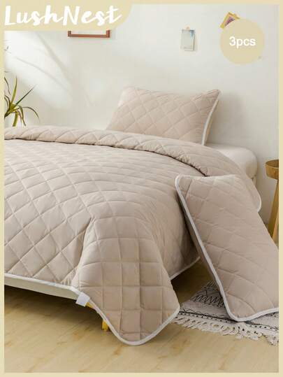 3pcs Solid Light Camel Polyester Bedding Set (1 Bed Skirt + 2 Pillow Shams, Pillow Insert Not Included), Reversible, Soft & Skin-Friendly For Daily Use, Suitable For Master Bedroom, Guest Room, All Seasons, Great Gift, High-End Home Textile, Home Decor