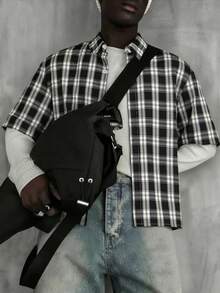 WAIT HIM Camisa casual de manga corta con botones delanteros a cuadros para hombre, de verano - Blanco y Negro - Ver 7