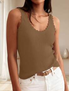 Womens Summer Sleeveless Tank Tops V Neck Ruffle Lightweight Ribbed Knit Shirt Casual Going Out Top - 卡其色 - 查看 4