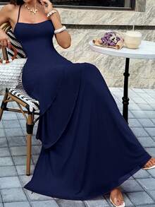 Đầm maxi Vaiaye dành cho nữ, kiểu dáng nhiệt đới Hawaii, phong cách bohemian, thích hợp cho kỳ nghỉ biển, màu trơn, dây mảnh, hở lưng, xẻ tà cao, phù hợp cho ngày Valentine. - Màu xanh hải quân - Xem 8