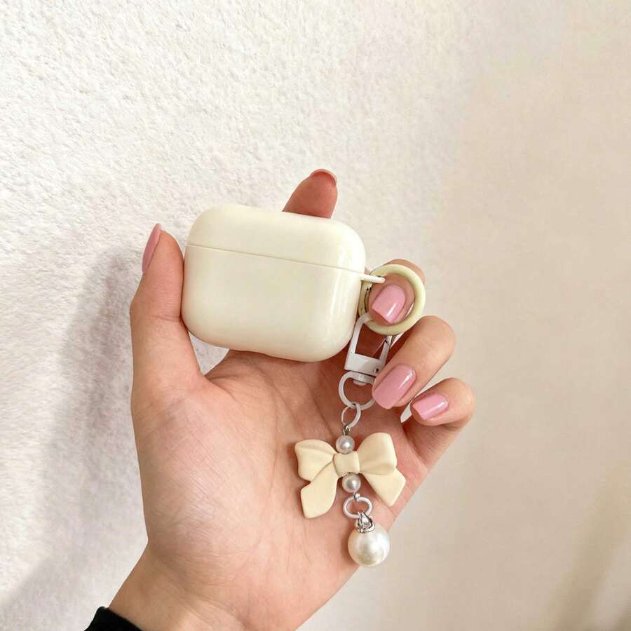 1pc Solid Beige Earphone Case + Bow Decor Pendant, Compatible With Apple 1/2, Pro 3, Pro 2, Pro 3 - Beige - View 1