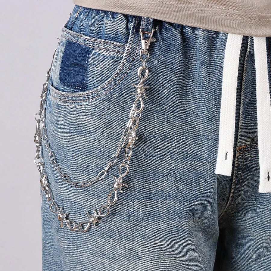 时尚个性星星腰链，男女皆宜的嘻哈朋克金属裤链，百搭星星牛仔裤链 - 銀色 - 查看 1