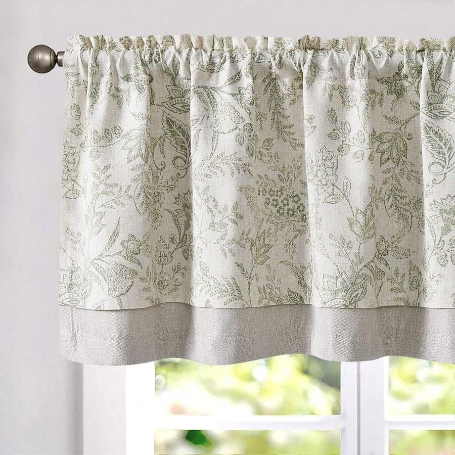 Linen Valance Kitchen Curtain Double Layer 16 Inch Living Room Bedroom Bathroom Window Treatment Blackout Vintage Rustic Farmhouse Cottagecore Rod Pocket 1 Panel On Beige - 森林 | 綠色 - 查看 1