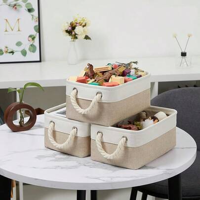 3sizes 1pc Foldable Desktop Storage Basket With Large Capacity And Handle For Toys Organizer, Linen Fabric Storage Basket For Dirty Clothes