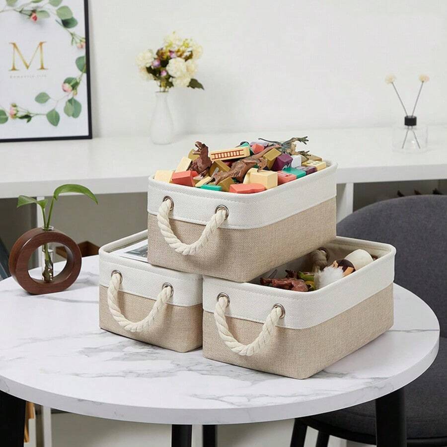 3sizes 1pc Foldable Desktop Storage Basket With Large Capacity And Handle For Toys Organizer, Linen Fabric Storage Basket For Dirty Clothes - White Spelled Khaki - View 1