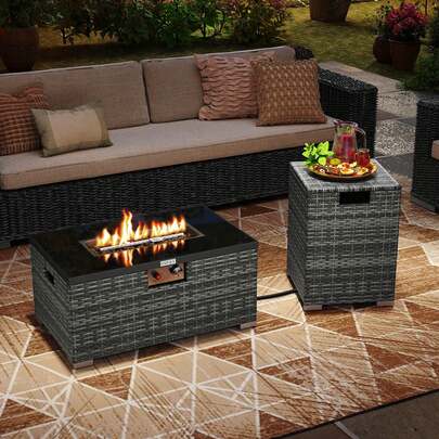 Lifezeal 2 PCS Outdoor Rattan Fire Table Set With Tank Cover Tempered Glass Tabletop Brown/Black/Gray