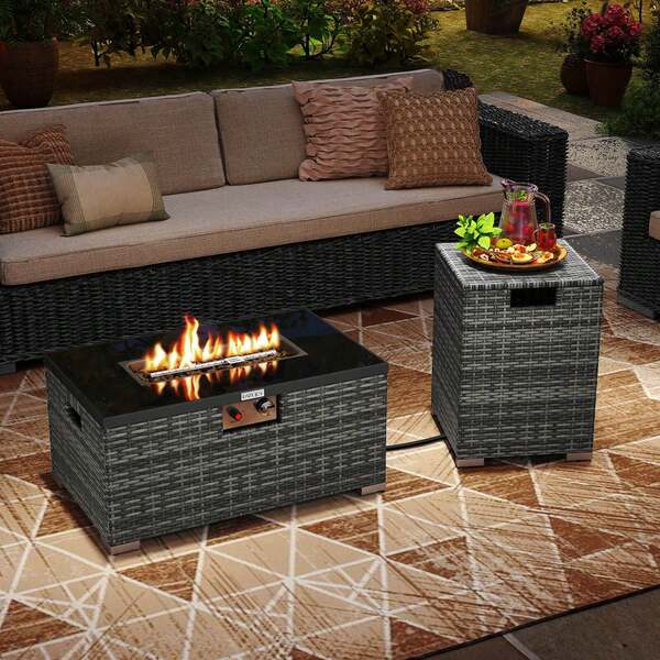 Lifezeal 2 PCS Outdoor Rattan Fire Table Set With Tank Cover Tempered Glass Tabletop Brown/Black/Gray