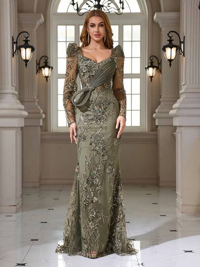 Elegant Sexy V-Neck Bodycon Mermaid Dress With Ruched Bust Decor, Puff Sleeves, Sequin & Embroidery Vacation Wedding Spring