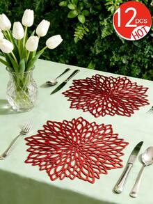 12pcs Gold Flower 15-Inch Round Placemats, PVC, 3.94-Inch Round Hollow Flower Coasters, Washable, Easy Clean, Wipe-Clean, Non-Slip, Heat-Resistant, Suitable For Room Decor, Dining Table Decor, Home Decor, Holidays, Parties, Birthdays, Weddings And Dinners - Multicolor - View 32