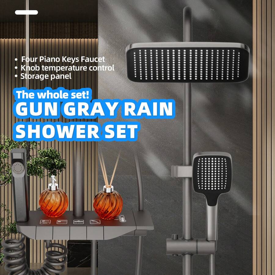1 Set Modern Grey Shower System With Multi-Function Faucet And Storage Shelf, Suitable For Home Bathroom