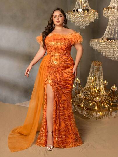 Faeriesty Plus Off Shoulder Contrast Mesh Split Thigh Sequin Formal Dress