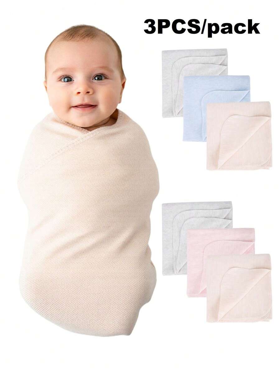 3pcs/Pack Solid Color Baby Swaddle Blanket, Single Layer Soft Adjustable Swaddle Wrap Blanket For 0-6 Months Newborn, Hospital Receiving Blanket - Multicolor - View 1