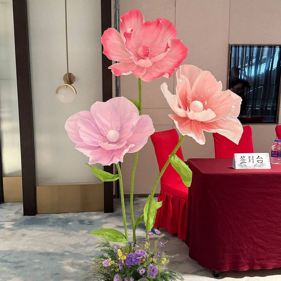 7 件套高级巨型仿真花装饰套装，多色超大花朵（柔和色调和鲜艳色调），易于组装的支架 + 稳固底座，耐候面料，非常适合花园装饰/派对装饰/室内点缀。立即购买！ - 彩色 - 查看 1