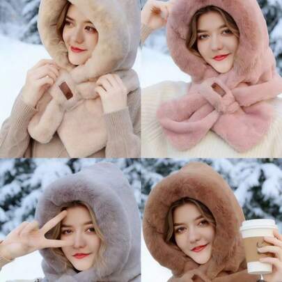 1件套冬季毛绒帽子围巾二合一，高品质保暖连帽围脖