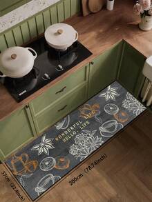 1pc Silicone Kitchen Mat With Combination Pattern Of Life & Food Themes: Dark Gray Background With Hand-Drawn Teaware (Teapot, Cup), Doughnut, Spice (Star Anise), Floral Elements, And English Phrases "WONDERFUL LIFE" And "HELLO, LIFE"