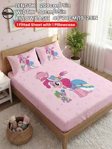MY LITTLE PONY 2/3pcs  Printed Bedding Set, Including Fitted Sheet, Mattress Protector, Soft & Breathable, Suitable For All Seasons, Available In Multiple Sizes For Twin/Full/Queen/King Beds, Machine Washable, Cartoon Character Design, Warm Room Decor, Great Gift, Pink, OEKO-TEX Certified - Multicolor - View 10