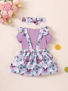 Set de 3 piezas de ropa de primavera/verano para niñas, incluye body con moño, vestido con estampado de mariposa y falda de tirantes, adecuado para fiestas, uso en casa y al aire libre - Morado Violeta - Ver 3