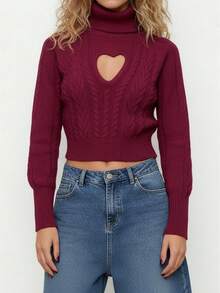 Women's Valentine's Day Knit Sweater Long Sleeve High Neck Hollow Heart Knitwear Tops - 酒紅色 - 查看 1
