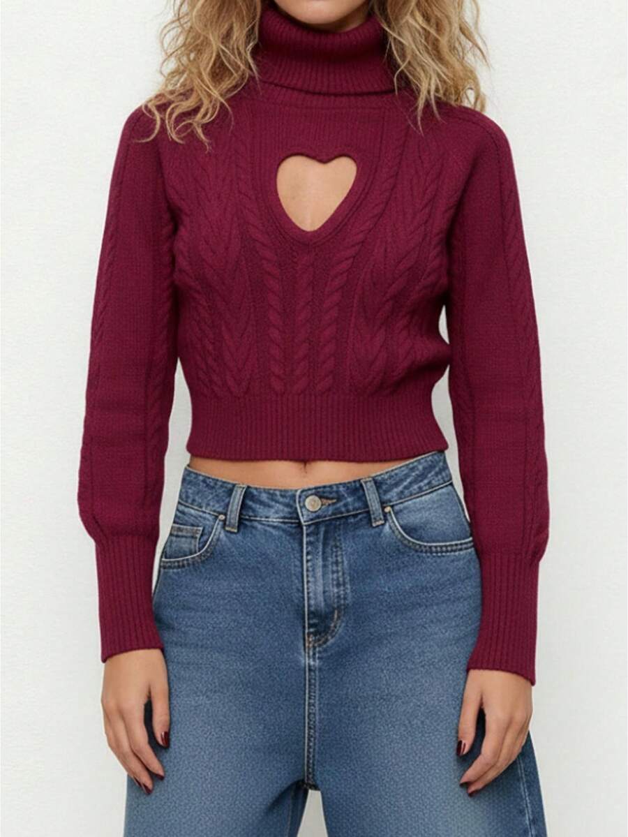Women's Valentine's Day Knit Sweater Long Sleeve High Neck Hollow Heart Knitwear Tops - 酒紅色 - 查看 1